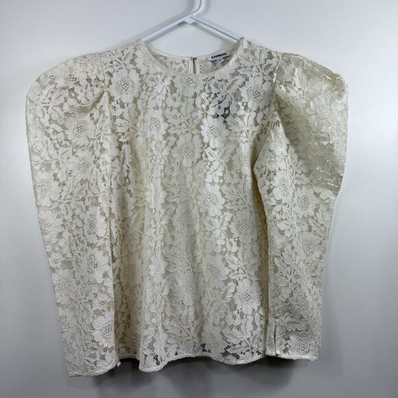 Express New Cream Floral Lace Long Puff Sleeve Top Large Castlecore Renaissance - Picture 15 of 16